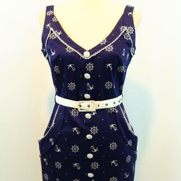 Voodoo Vixen Nautical Printed Belted Pin Up Dress - Picture 5 of 8